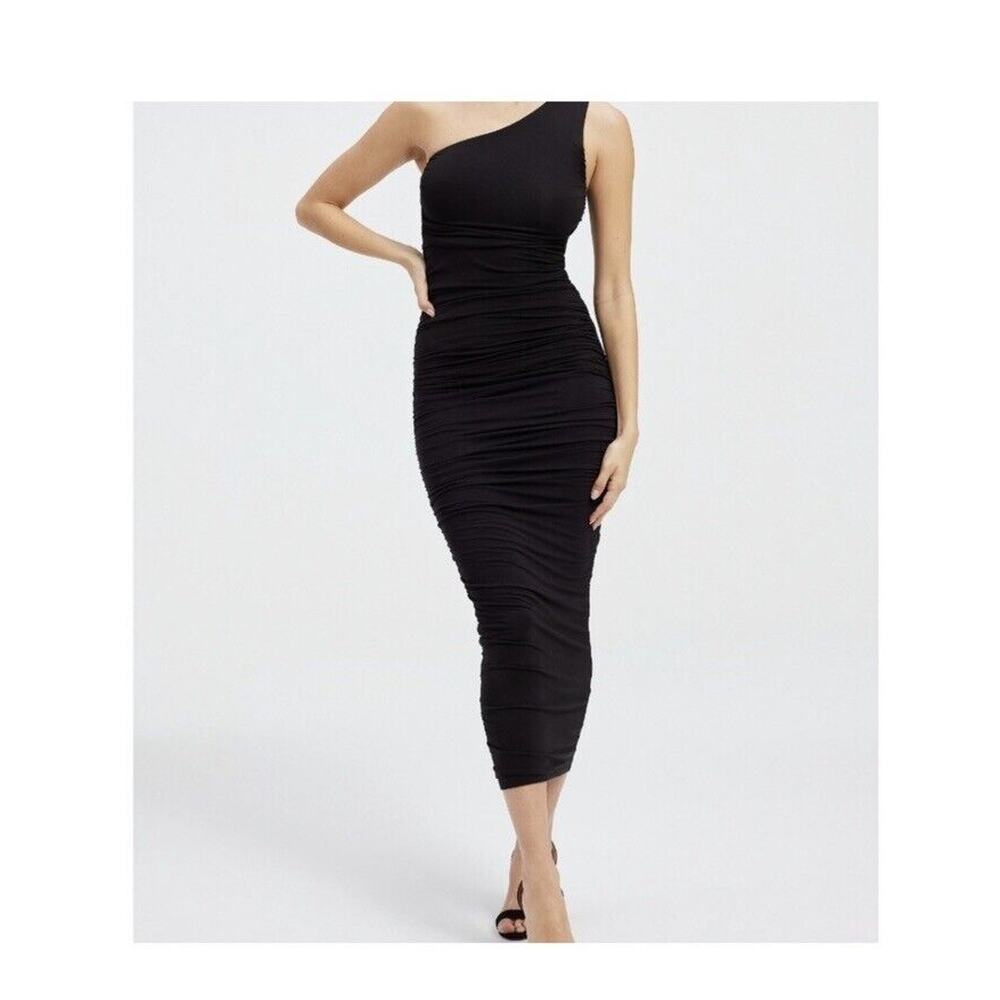 Good American 5 One shoulder Black Ruched STRETCH Jersey Maxi Dress Size 2XL